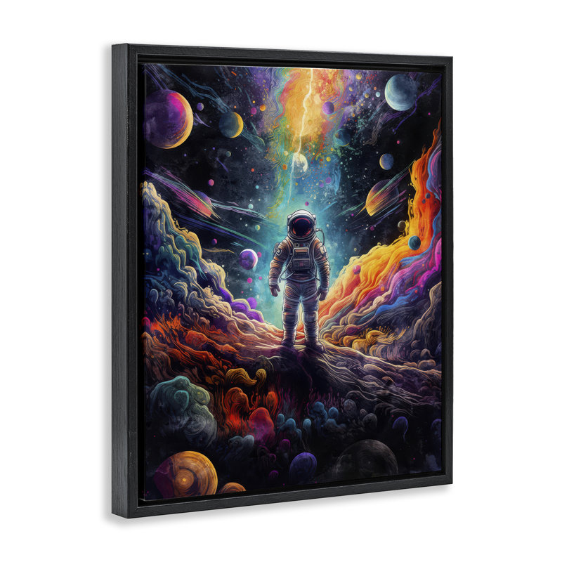 Astronaute sur la planète, art mural encadré par Nina Blue, H 21 po x l 17 po, Cadre flottant noir de jais