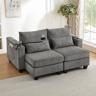 Chaise longue rembourrée en velours côtelé avec ports USB, porte-gobelets et porte-téléphone Uriah
