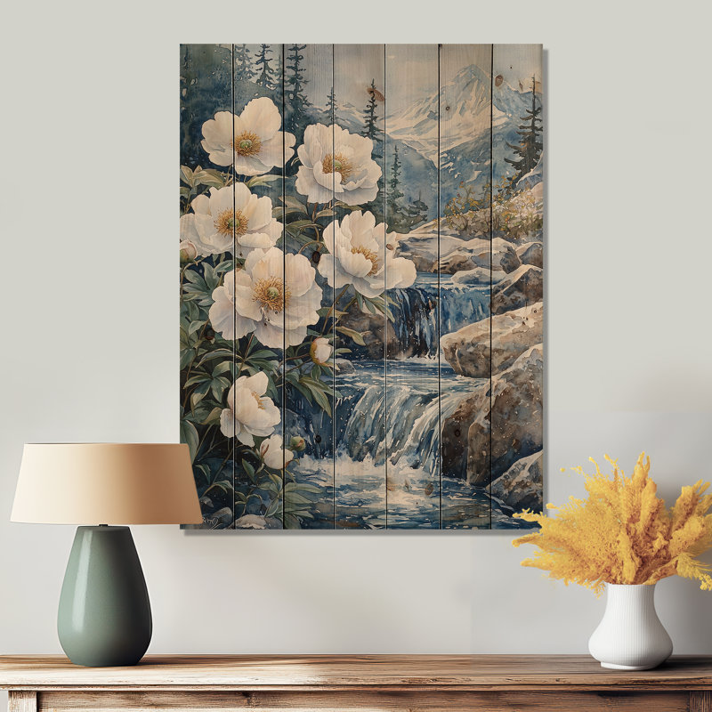 Pivoines blanches et les eaux glaciaires II - Décoration murale en bois de pivoines - sur bois de pin naturel