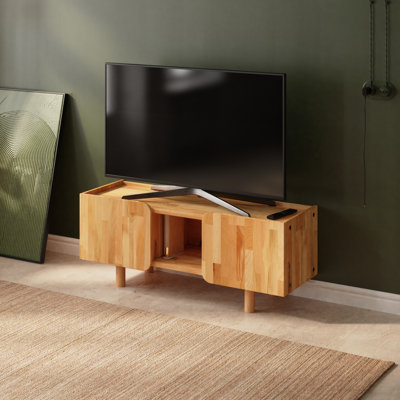 Lisbon Solid Wood TV Stand With Closed Storage And Open Shelf, Modern Minimalist Media Console