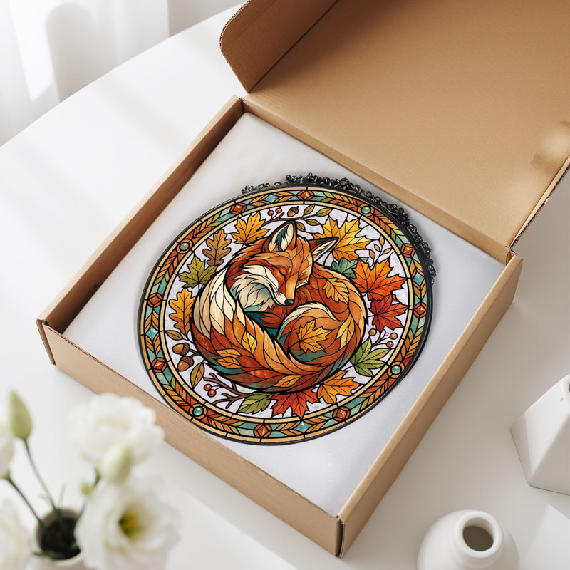 Panneau de vitrail Autumn Fox, 7,8 heures, H 7,8 po