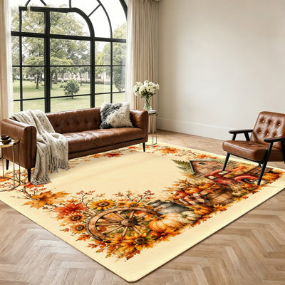 Tapis de style campagnard de récolte d'automne, tapis de salon à thème automnal, tapis de chariot rustique et citrouilles, tapis de décoration intérieure pour chambre à coucher et entrée