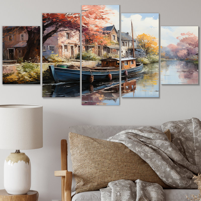 Ensemble de 5 décorations murales en pointillisme Red Canal Waterway