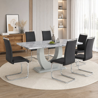 Modern 7-Piece Faux‑Marble Rectangular Dining Table Set with Cantilever Dining Chairs