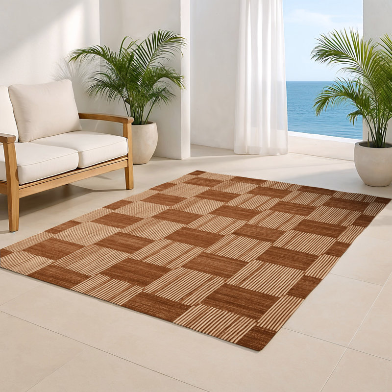 Tapis d'intérieur et d'extérieur à carreaux brun, Rectangulaire 8 pi x 10 pi