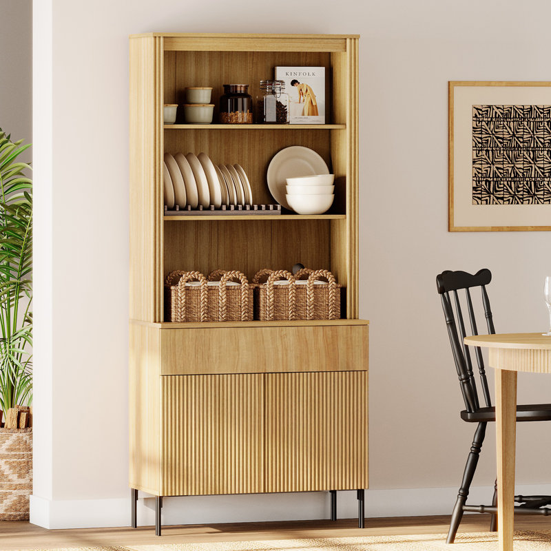 Garde-manger cannelé de 71,6 po de hauteur avec tiroir, armoire de présentation en bois avec portes et tablettes réglables, armoire moderne et polyvalente pour la salle à manger, la chambre à coucher