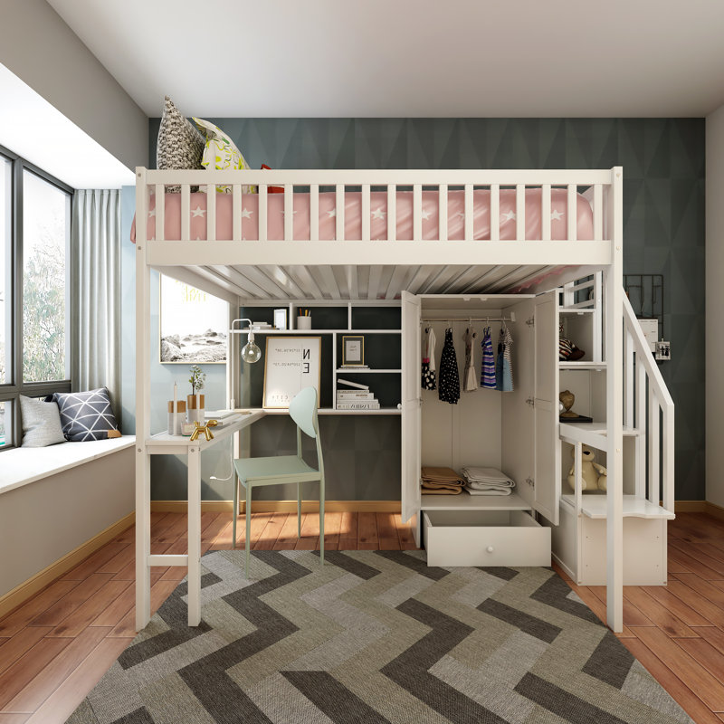 Cressida Loft Bed With Bookshelf And Desk, Solid Pine And MDF, Twin, White