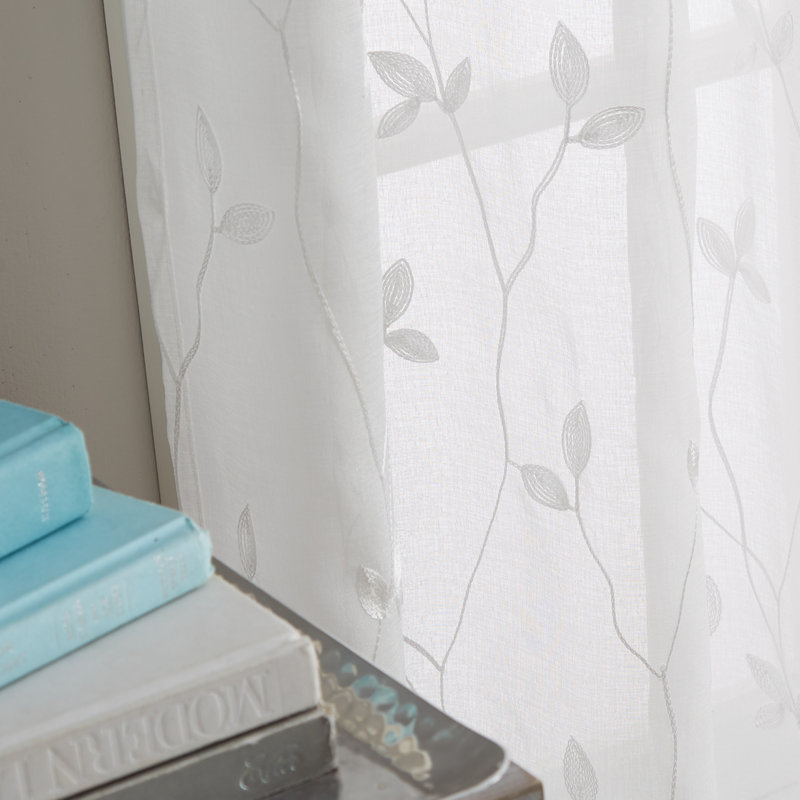 Botanical Embroidery Sheer Curtain Panel Pair White, 37" W x 63" L, White
