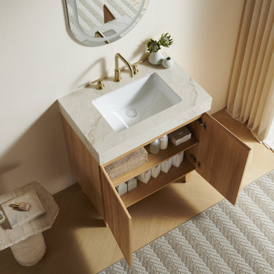 Meuble-lavabo LULA 30, sur pied, comptoir en pierre frittée couleur crème veinée or et lavabo en céramique avec 3 trous pré-percés pour robinetterie, démonté, sans robinetterie ni bonde, couleur bois naturel