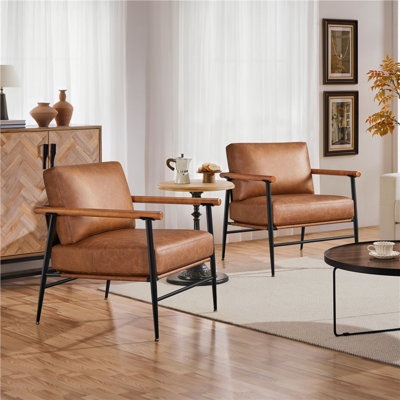 Chaise d'appoint moderne en similicuir avec accoudoirs en bois massif