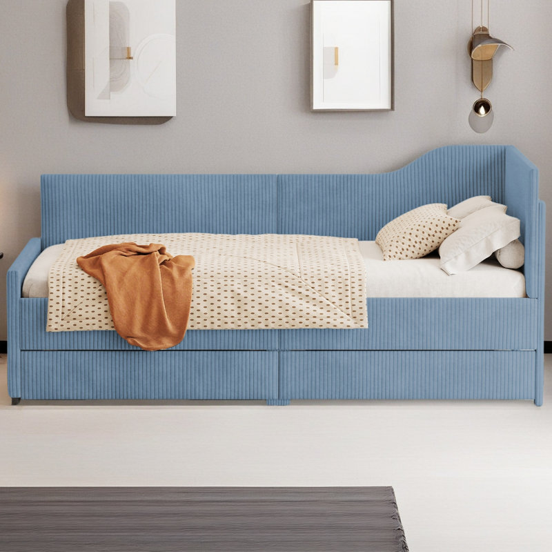 Lit de jour simple en L en velours côtelé, structure de lit tapissier avec 2 tiroirs de rangement, Bleu