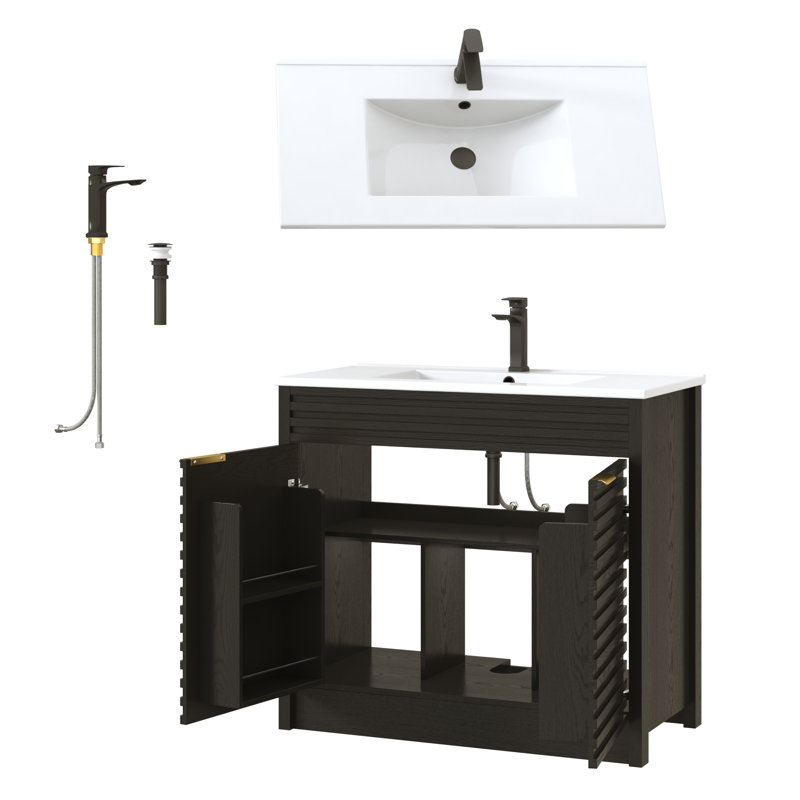 Meuble-lavabo de salle de bain avec lavabo, robinet, tablettes de porte et tablettes latérales ouvertes, Chêne, 36"