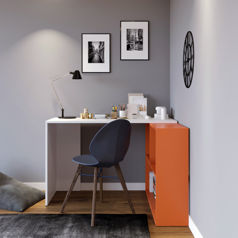 Hailley L-Shaped Writing Desk, White/Orange