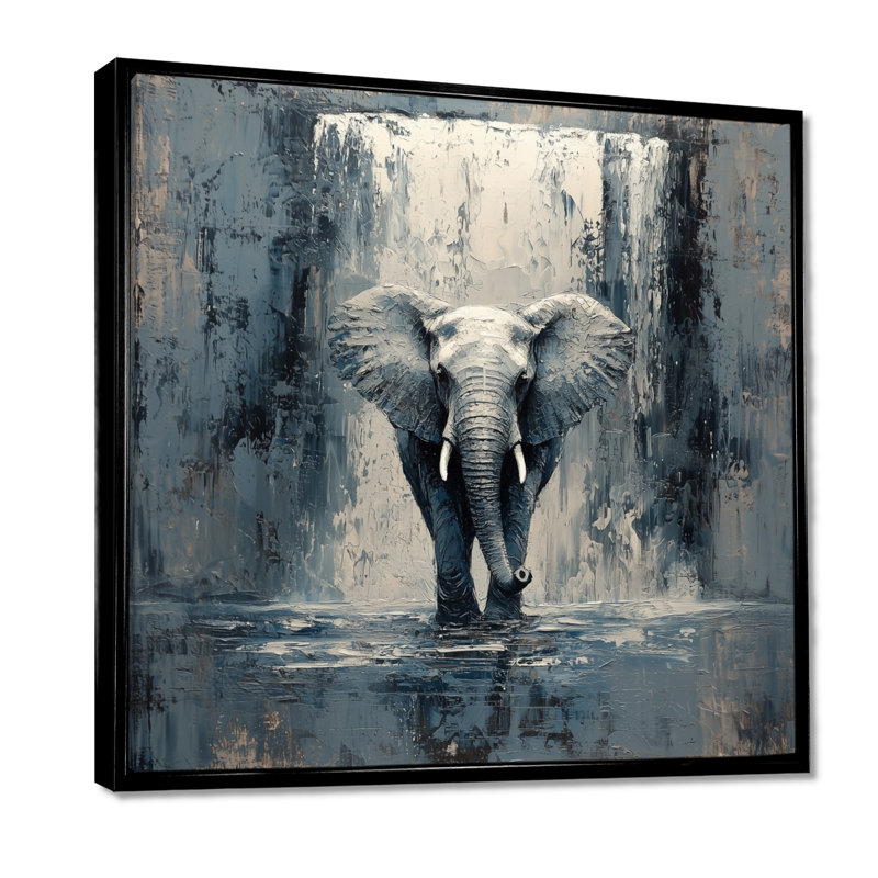 Impression sur toile encadrée, "Elephant monochrome et la cascade III", H 16 po x l 16 po, Impression encadrée flottante