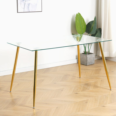 Table de salle à manger rectangulaire en verre transparent avec plateau trempé de 0,3 po et pieds dorés, antidérapante, pouvant accueillir de 4 à 6 personnes, table de 51 po, métal simple et élégant