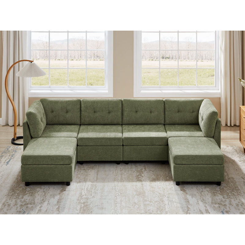 Chenille Upholstered Sectional Sofa Couch With Ottoman, Green Polyester