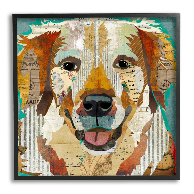 «Layered Dog Animal Ephemera Patchwork» par Traci Anderson - cadre flottant, impression sur bois, Giclée encadrée noir minuit