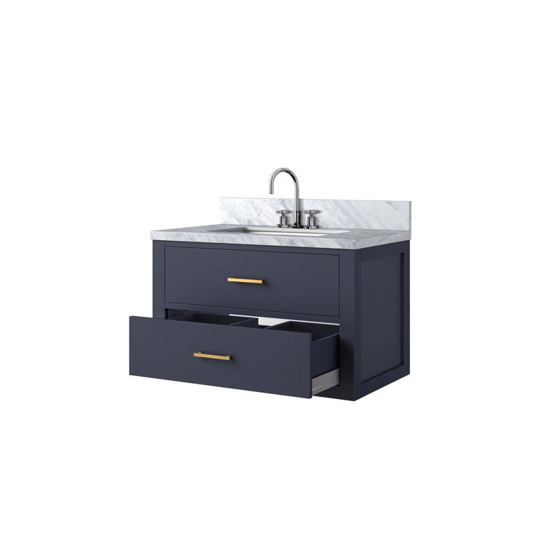 Meuble-lavabo simple 30 po X P 22 po D, dessus en marbre de Carrare et ensemble de robinet, Bleu, Doré