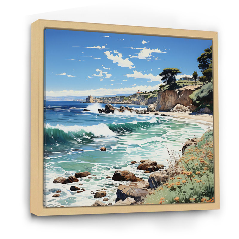 Plage contrastée pointillisme II, H 24 po x l 24 po x P 1 po, Cadre naturel flottant