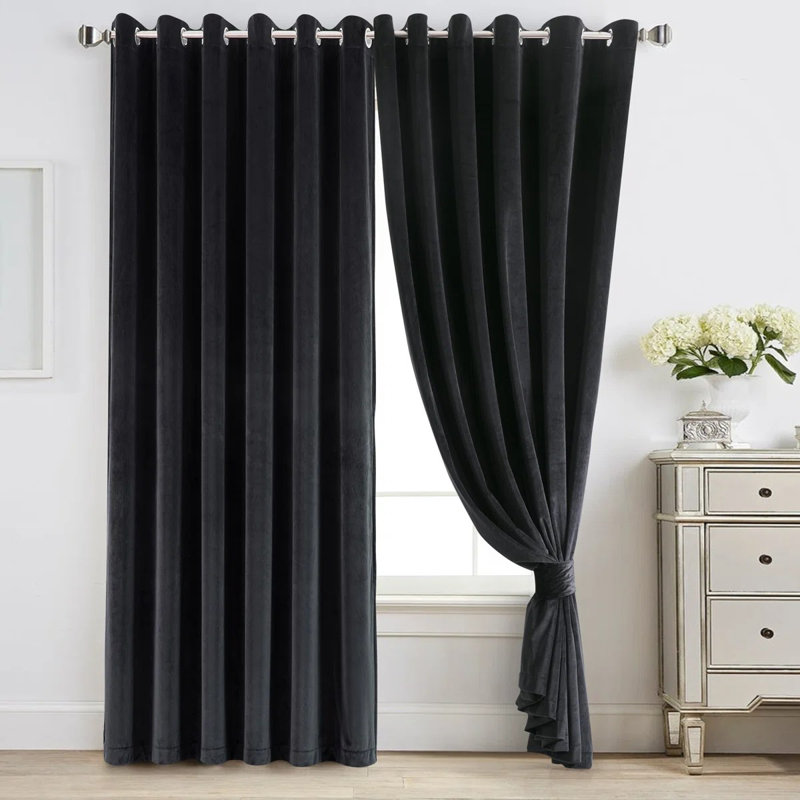 Reede Luxury Crushed Velvet Eyelet Curtains - Fully Lined, Heavy Plush Drapes, Black, Single Panel 168cm Width x 213cm Drop