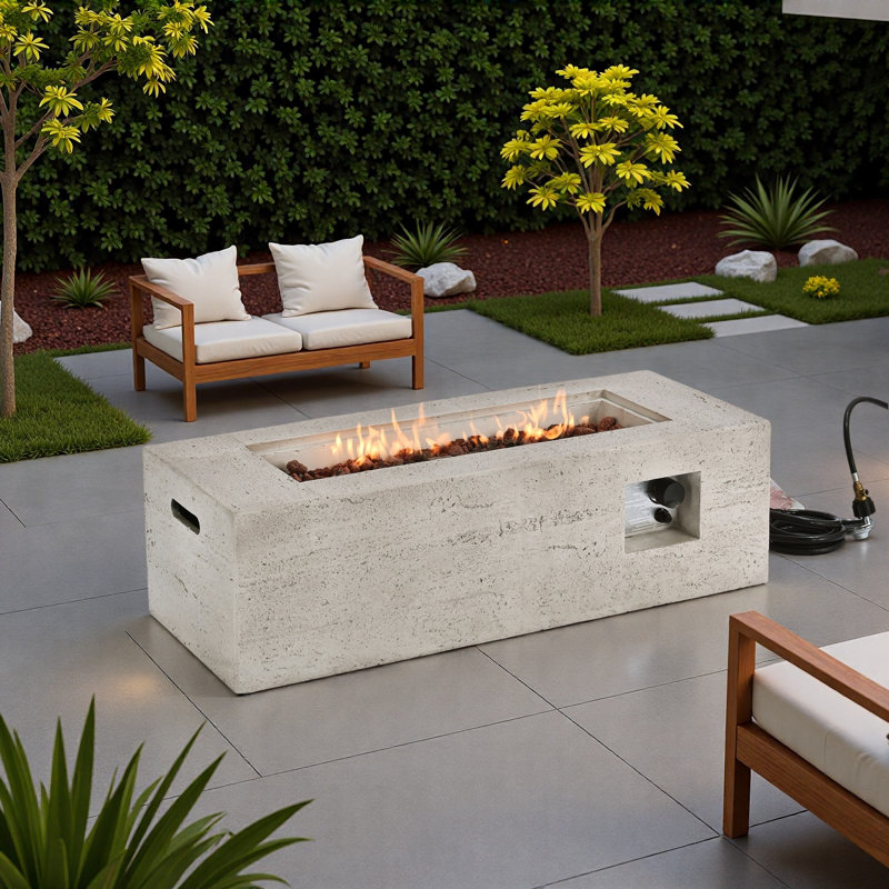 Mgo Propane Outdoor Rectangular Fire Pit With Side Cutout Handles, Steel Burner, Adjustable Flame Control, Lava Rocks And Rain Cover
