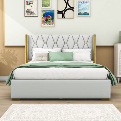 Danija PU Upholstered Platform Bed with Metal Strips and Headboard -  Everly Quinn, 39F2EB51A657479A9B26E39F114B2991