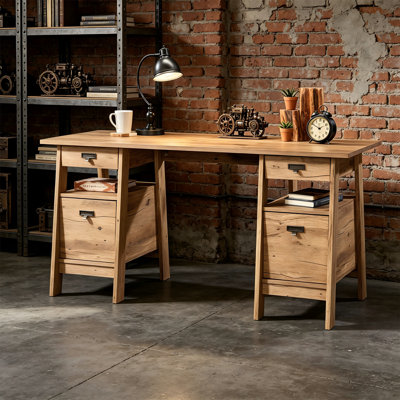 Bureau de direction rustique en bois de chêne avec tiroirs, bureau d'écriture de ferme avec 4 tiroirs de rangement pour le bureau personnel