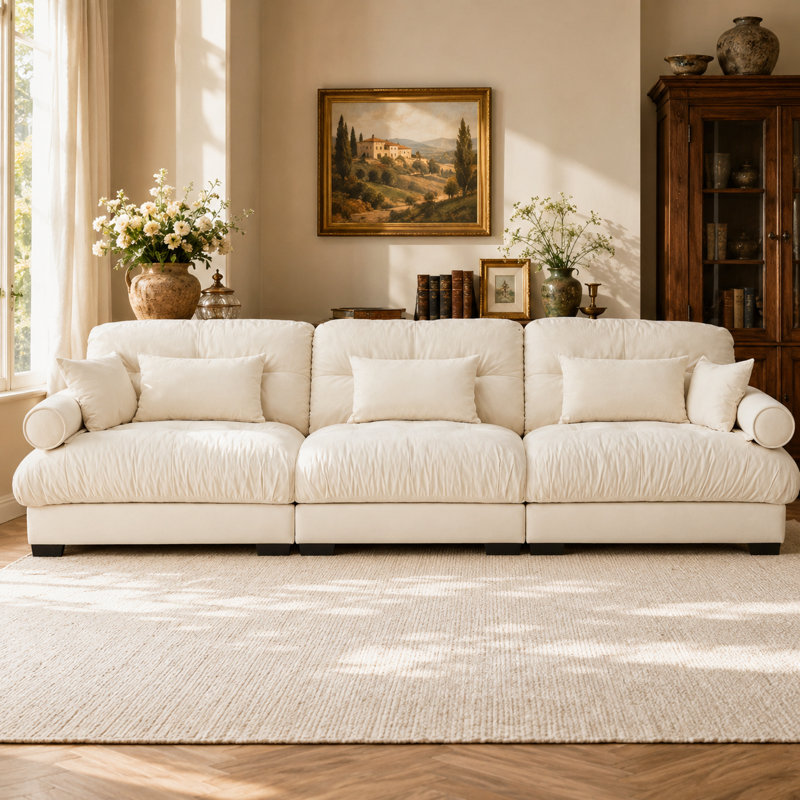 Canapé Veloria extra large 3 places en velours moderne, canapé surdimensionné ultra-confortable avec assise profonde, accoudoirs arrondis, coussins lombaires et décoratifs, canapé de salon moelleux et rembourré