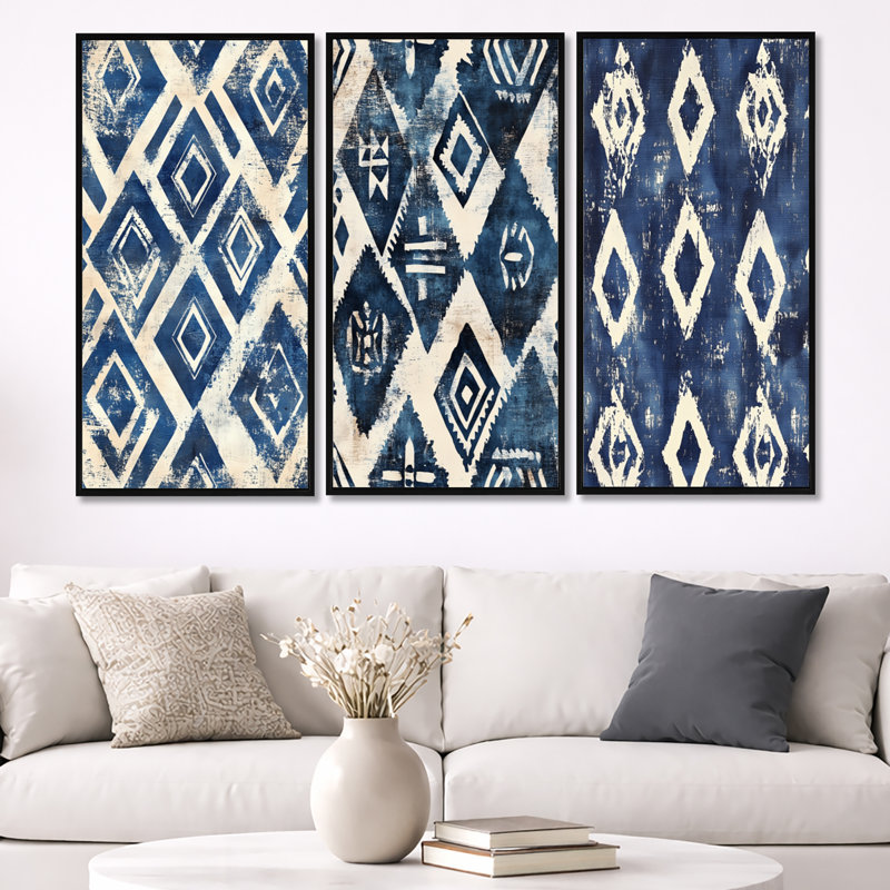 Motif tribal indigo - ensemble abstrait d'art mural bohème de 3, H 40 po x l 60 po, Cadre flottant noir