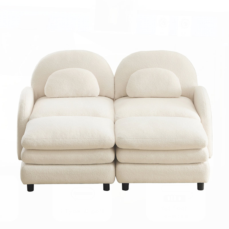 Teddy Fabric Cloud-like 2-Seat Sofa, Curved Backrest and Armrest with Lumbar Pillows, Modular Couch with 2 Movable Ottomans