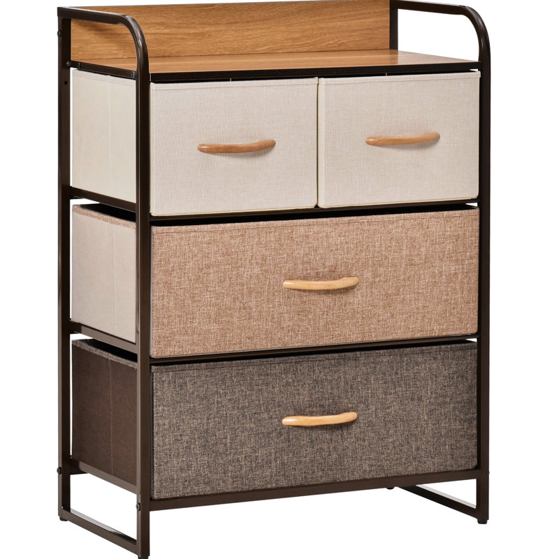 Commode à 4 compartiments de rangement - Tiroirs en tissu et structure en acier pour entrée, avec plateau en bois fini érable brillant, teinte chambre.