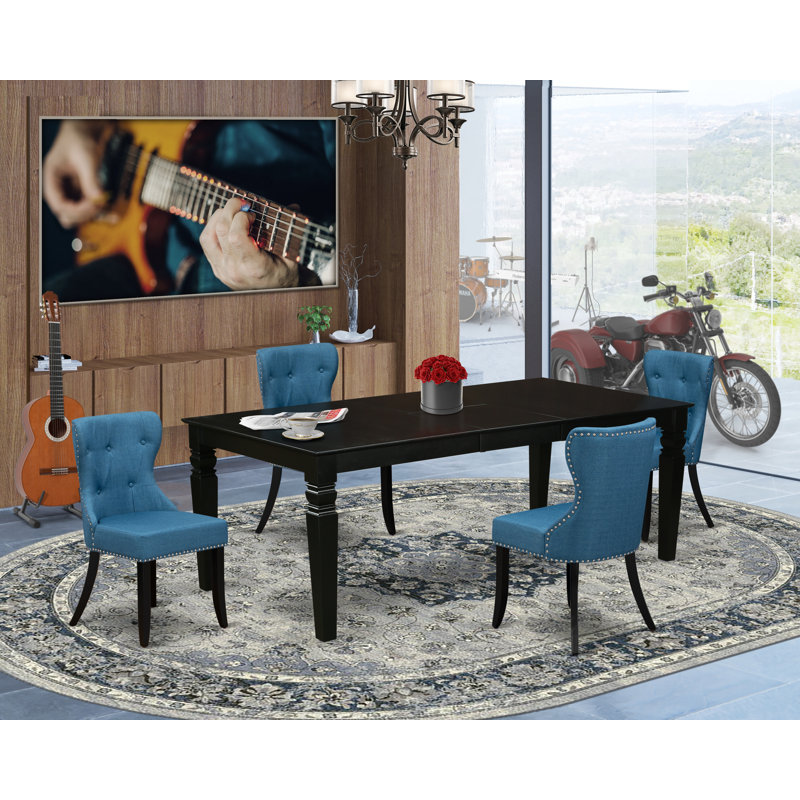 Cet ensemble de salle à manger 5 pièces comprend une table de salle à manger rectangulaire avec des rallonges papillon et 4 chaises Parson rembourrées en tissu bleu, noir