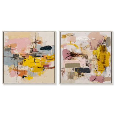 Expressive Canvas Duo Canvas Print Beige Wall Decor Set by Art Remedy, Silver Frame, 24 x 24
