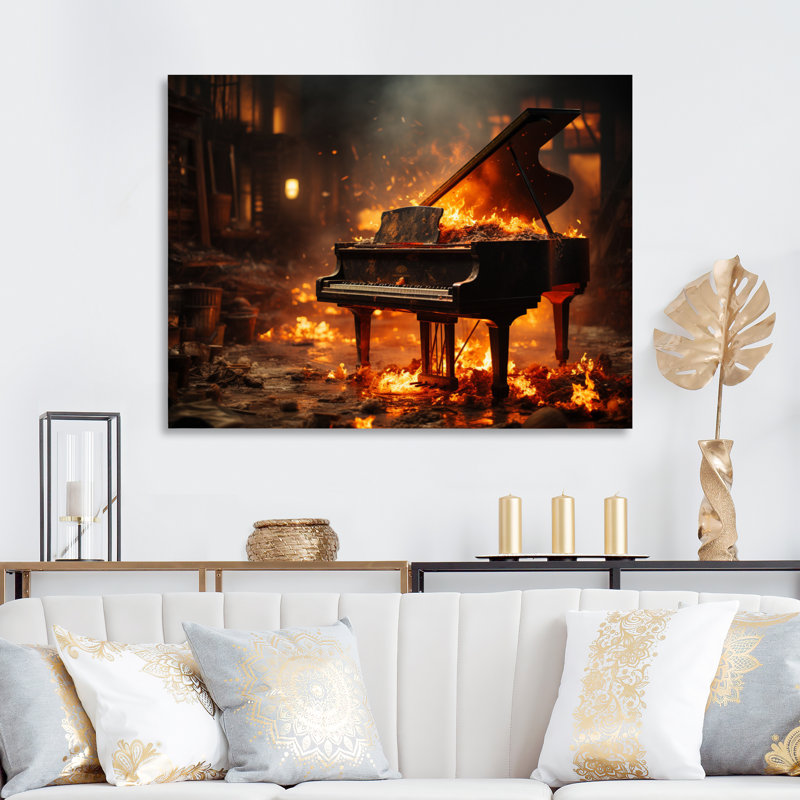 «Orange Black Fire Piano Tools Music», reproduction d'art sur toile, 24" H x 32" W, Toile tendue