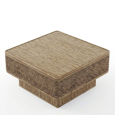 Rattan & Hemp Rope Coffee Table with Adjustable Storage – Vintage Style
