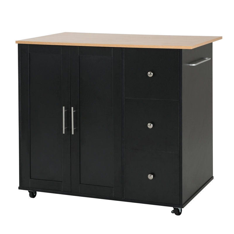 Mobile Kitchen Cart with Storage, 39.76'' Rolling Kitchen Island with 2 Doors, 3 Drawers & Adjustable Shelf, Black Utility Cart for Kitchen/Dining Room