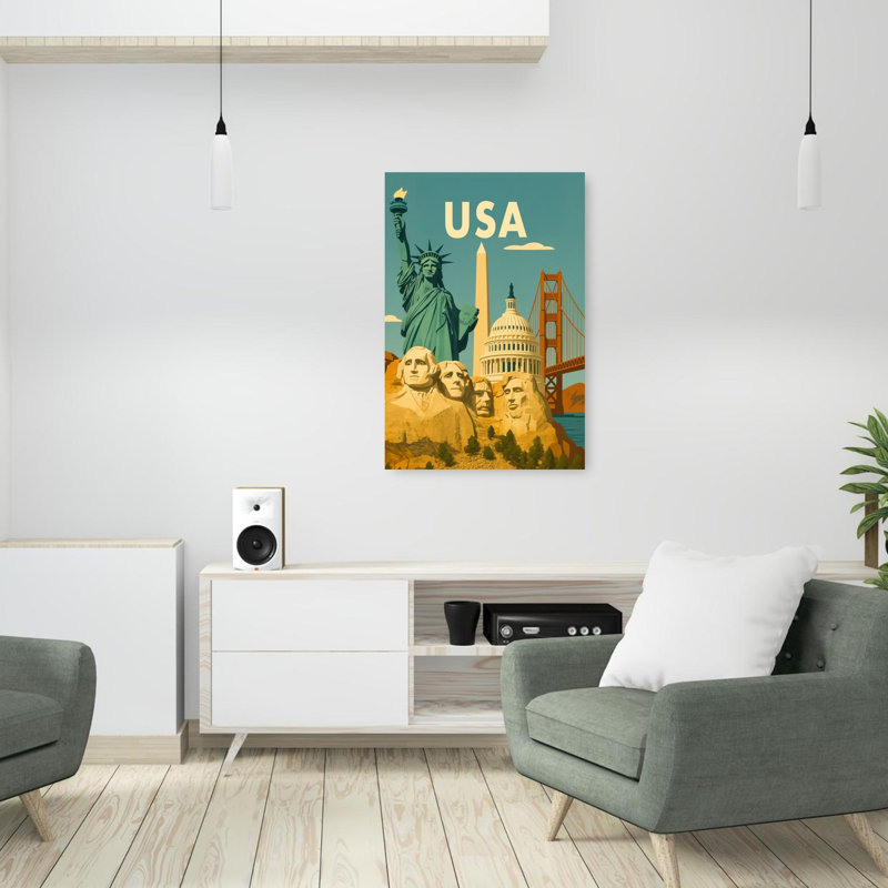 Visit The Usa Vintage Abstract Architecture Mountain Wall Art Print 1 Piece Wrapped Canvas Wall Art, 91.44cm H x 60.96cm W