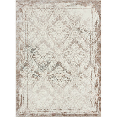 Performance Transitional Traditional Beige/Brown/Ivory Damask Rug