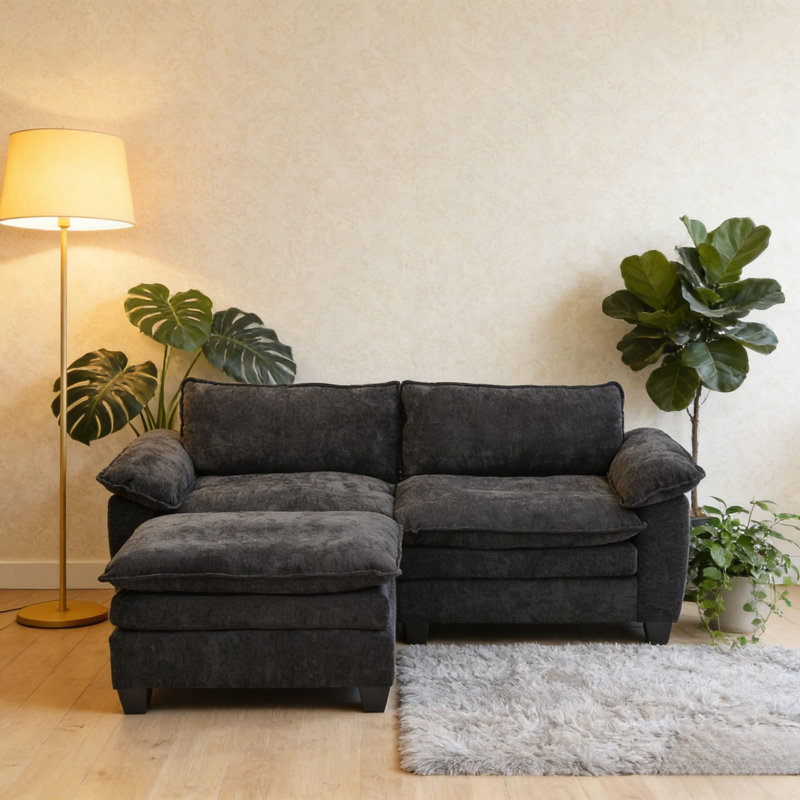 Canapé modulaire en chenille en L de 84 po de largeur pour petit espace de vie, Chenille noir