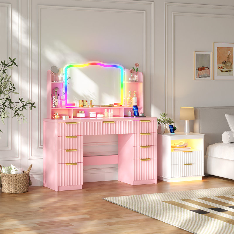 Makeup Vanity With Color Lighting Mirror And Human Sensor Module, Vanity Desk With Outlets, Storage Drawers And Cabinet, Pink