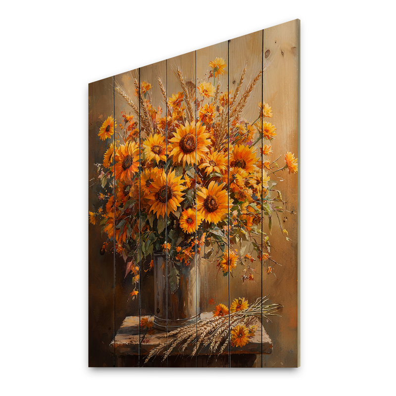 Golden Hour Harvest Blooms II - décoration murale en bois de tournesols - sur bois de pin naturel