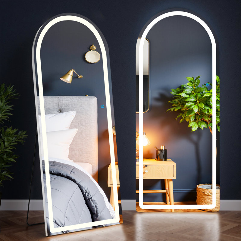 Arched Mirror Full Length With LED Lights,  Full Body Wall Mirror, Lighted Floor Standing Mirror, Hanging Or Leaning W/Dimming 3 Color Lighting, Arch Mirror For Modern Home Decor