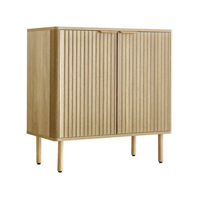 Armoire de bar Mid-Century avec portes cannelées, buffet de rangement à 2 niveaux pour le salon et l'entrée, finition chêne