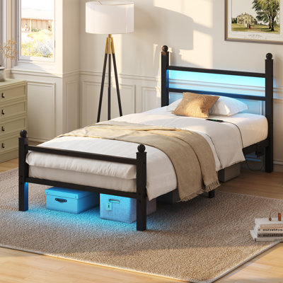 Twin Bed Frame with LED Lights, White Wood Platform Bed with Headboard, No Box Spring Needed