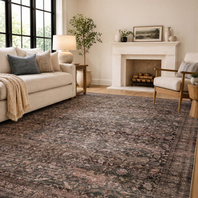 Distressed Allover Chestnut Brown Machine Washable Non-Slip Backing Area Rug