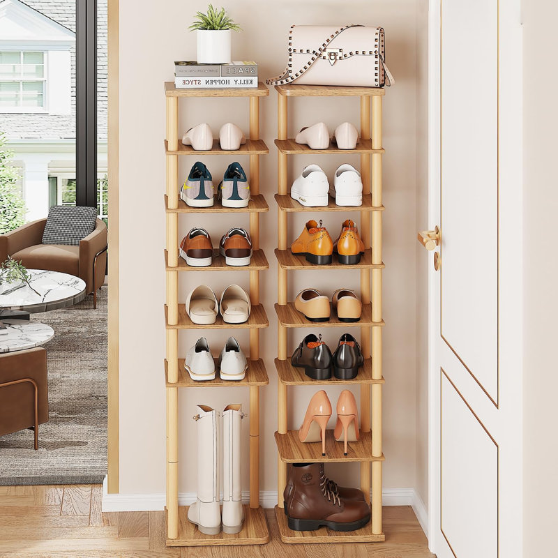 Narrow 8 - Tier Wooden Shoe Rack, Freestanding and Suitable for Multiple Scenes, Walnut
