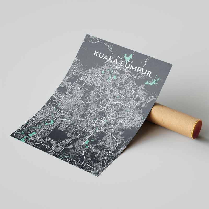 «Kuala Lumpur City Map», impression de luxe, H 17 po x l 11 po, Vert / gris
