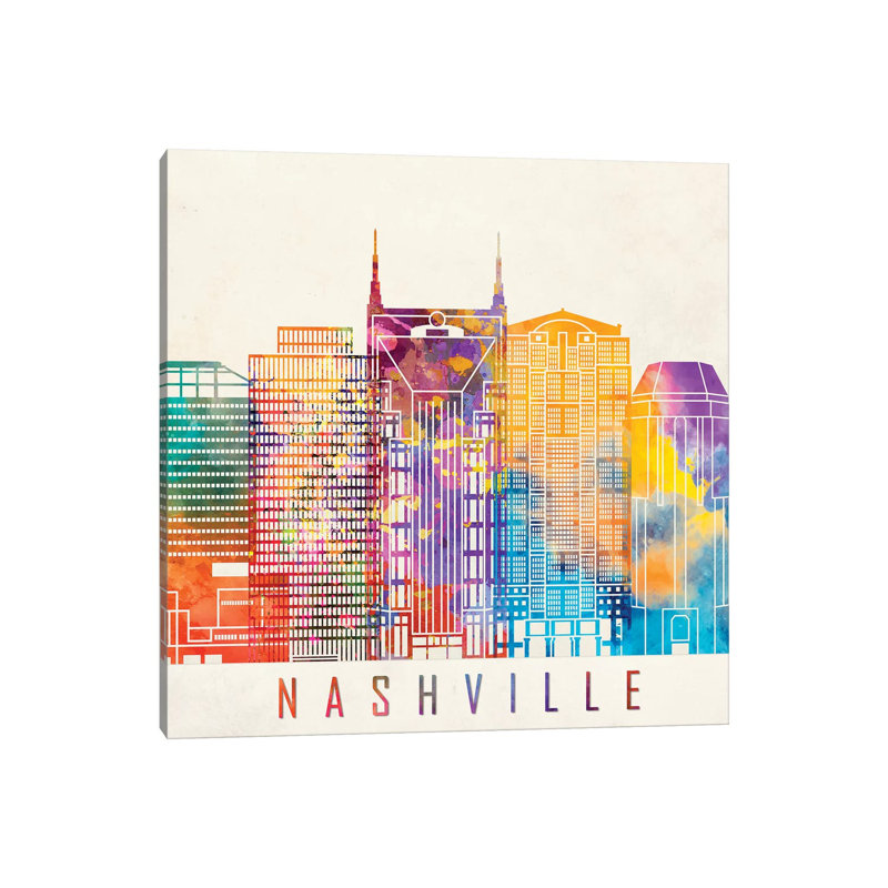 Nashville Landmarks Watercolour by Paul Rommer - Wrapped Canvas Painting, 30.48cm H x 30.48cm W x 1.91cm D