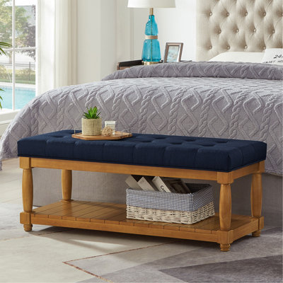 Banc capitonné en lin avec tablette de rangement - Pouf capitonné pour chambre, entrée ou salon, pattes en fuseau en bois massif, bleu marine