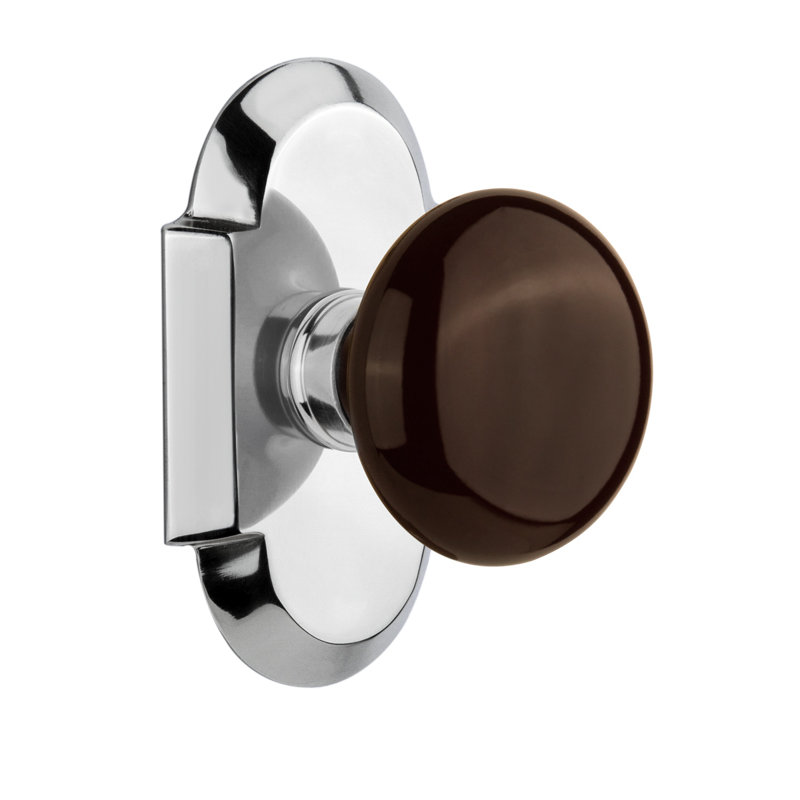 Cottage Plate with Brown Porcelain Door Knob, Bright Chrome